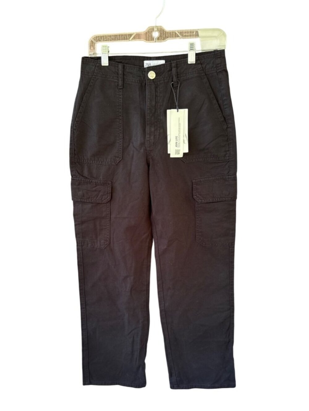Zara Womens Black 100% Cotton Cargo Pants US 4 EU 36 Utility Pockets